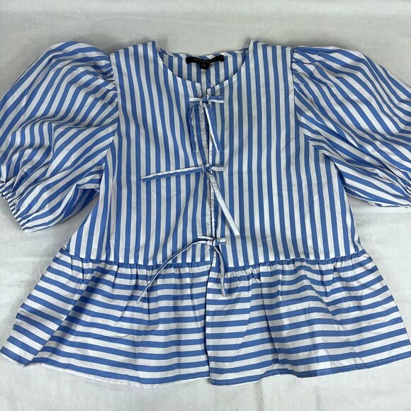 Marc New York Andrew Marc Blue White Striped Peplum Top NWT Medium - Picture 2 of 10